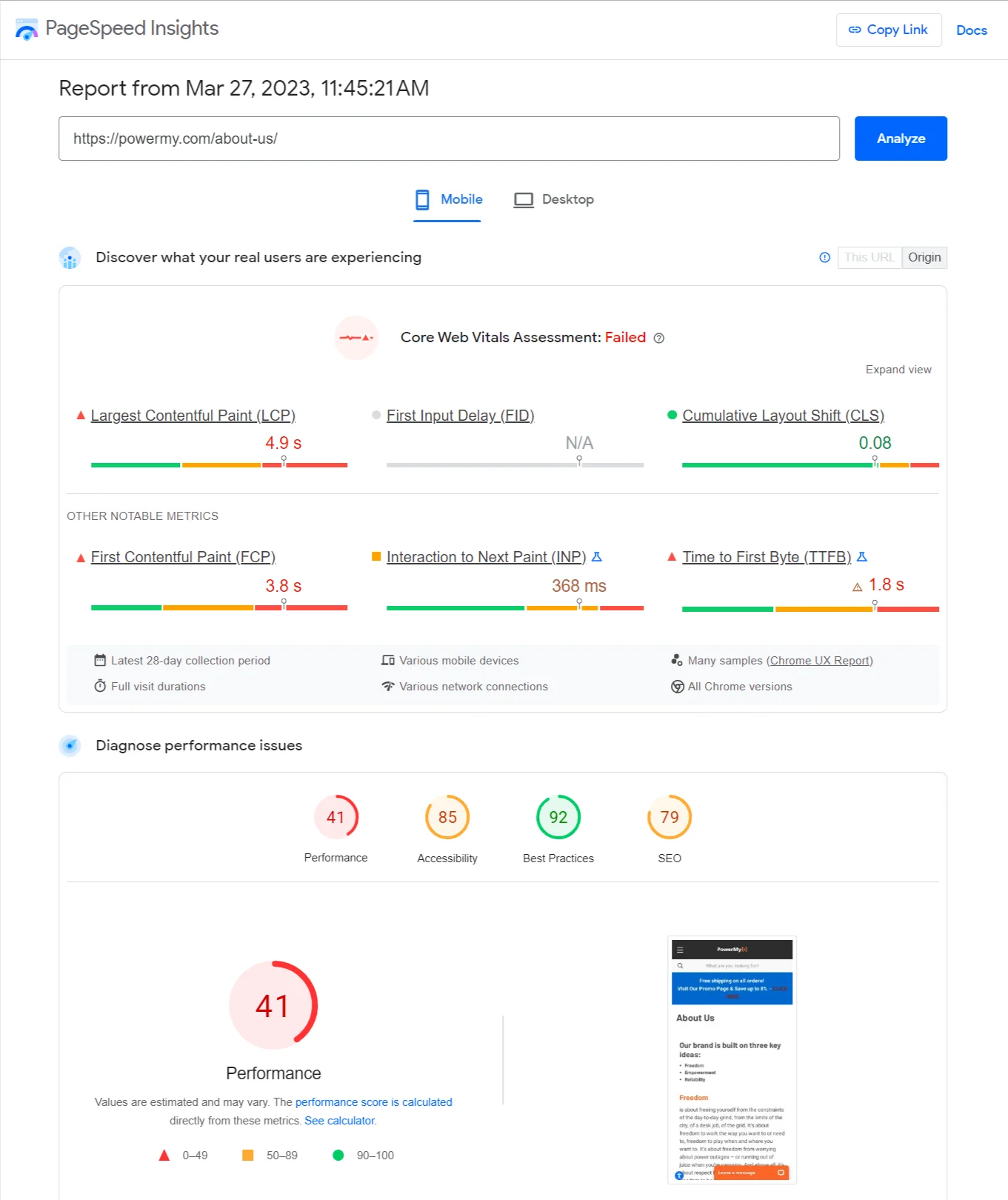 PageSpeed Insights Mobile report showing a performance score of 41.